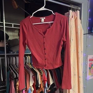 Dark Pink Button-Up Ribbed Top